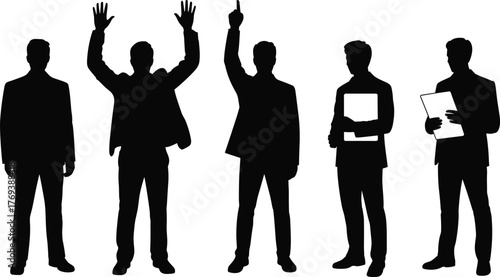 Business professional silhouette set, black vector illustration, corporate poses, standing gestures, document handling, workplace behavior, office attire, career concept graphics