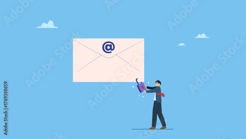 Businessman standing with strong padlock security on email symbol. Email security protection, safety system to defend cyber attack, spam or data leak, data encryption technology.