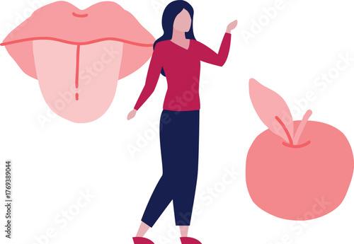 The girl is discuss taste apple with tongue