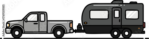 Pickup Truck Towing a Travel Trailer Flat Illustration isolated on white backround