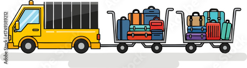 Airport Baggage Tractor Pulling Luggage Carts isolated on white backround