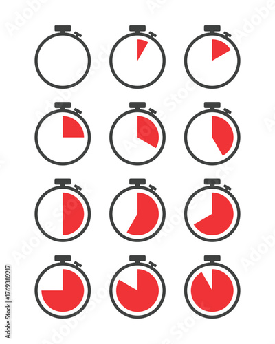 Set of icons timer in minutes. Timer and stopwatch icons. Countdown timer collection. Clock arrows. circular countdown. Vector illustration.