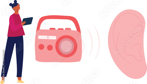 The girl is working about human ear sound waves