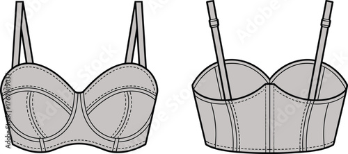 Black and white fashion sketch of structured bra top, front and back view, underwire cups, adjustable straps, corset-style bodice, garment construction, vector template