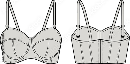 Black and white fashion sketch of structured bra, front and back view, molded cups, underwire support, adjustable straps, longline band, garment construction, vector template