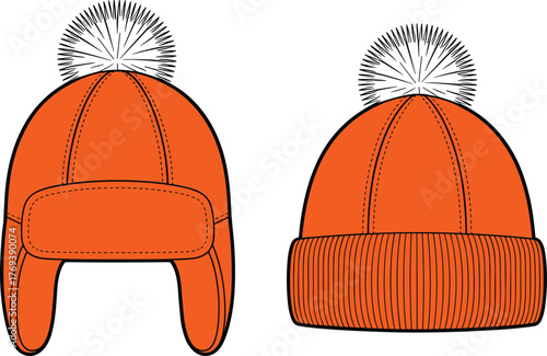 Black and white fashion sketch of winter hats, aviator and beanie styles, pom-poms, ear flaps, ribbed cuff, garment construction, vector template