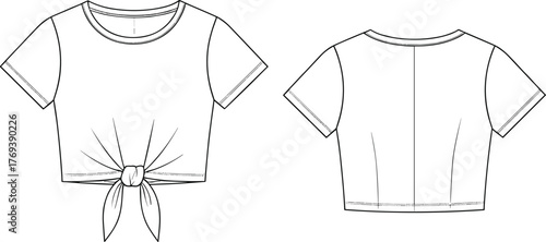 Cropped women’s short sleeve top, fashion flat sketch, tie front blouse, garment technical drawing, apparel design, vector template, clothing illustration