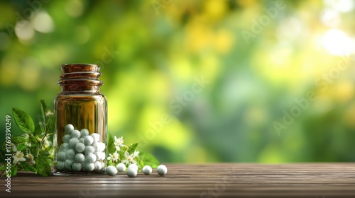 Glass container and homeopathic pills on blur green nature background. 3d illustration.