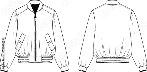 Bomber jacket technical sketch, front and back view, fashion flat drawing, apparel design template, garment construction, vector illustration, outerwear concept