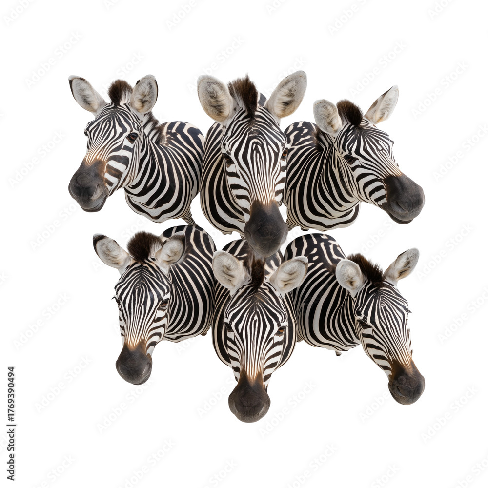 Naklejka premium Six Zebras with Distinctive Black and White Stripes, PNG Clipart Element with Transparency