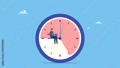 Businessman working in working hour clock. Nine to five or 9-5 job, office work routine by working everyday, bored responsibility for salary paycheck, overworked, burnout or work life balance.