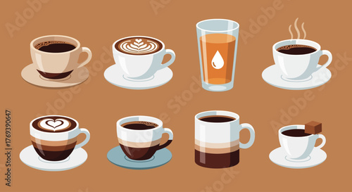 A diverse vector collection of eight popular coffee shop beverages, including espresso, lattes with art, layered drinks, and black coffee
