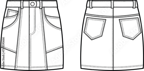 Denim skirt fashion flat, front and back view vector, waistband with belt loops, fly zipper, patch pockets, panel seams, garment sketch