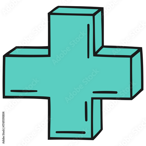 A three-dimensional, turquoise-colored plus sign with a black outline, representing addition and positivity.