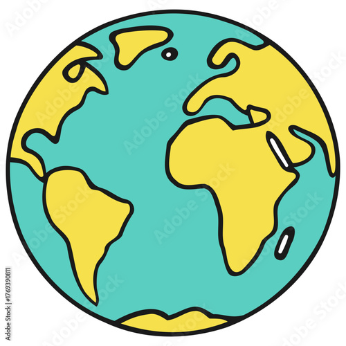 Cartoon illustration of the Earth globe showing continents and oceans in a simple style.