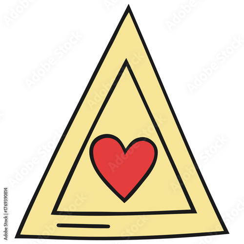 A hand-drawn illustration of a yellow triangle with a red heart at its center, isolated on a white background.