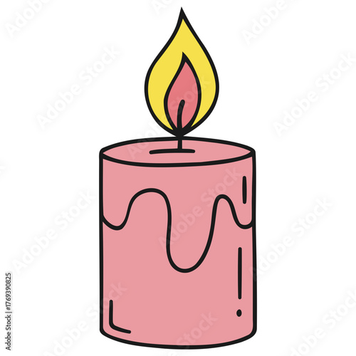 A simple illustration of a lit pink candle with dripping wax and a yellow flame.