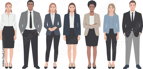 Diverse business professionals standing together, corporate team portrait, formal office attire, workplace diversity, leadership, teamwork, inclusion, HR concept, 