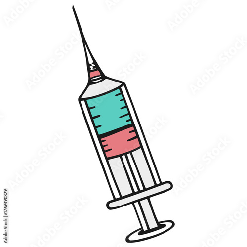 A colorful cartoon illustration of a medical syringe filled with two different liquids for injection or vaccination.