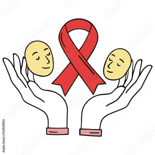 Image depicting two hands holding faces with a red ribbon symbolizing AIDS awareness.