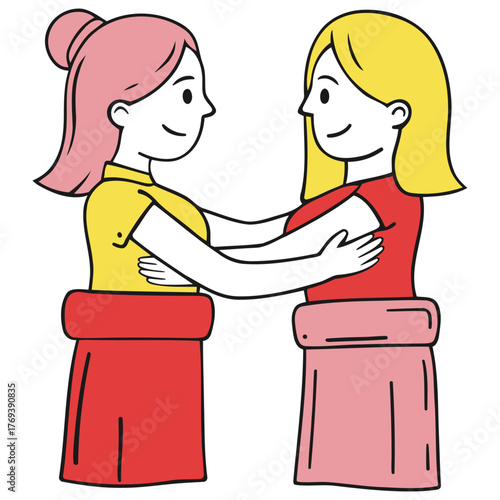 Two women with different hair colors embracing each other with smiles on their faces.
