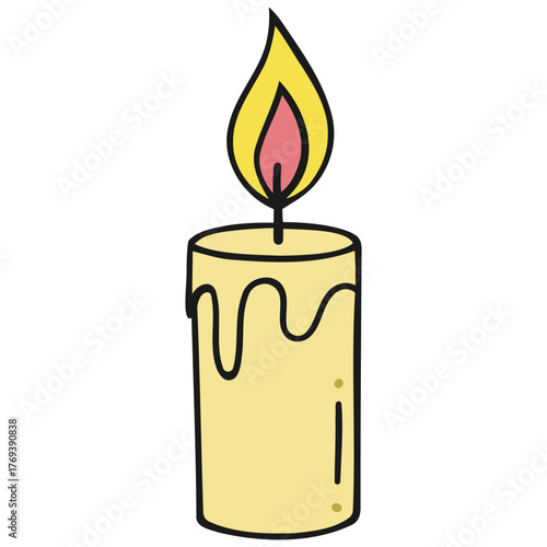 Illustration of a lit candle with dripping wax on a white background.