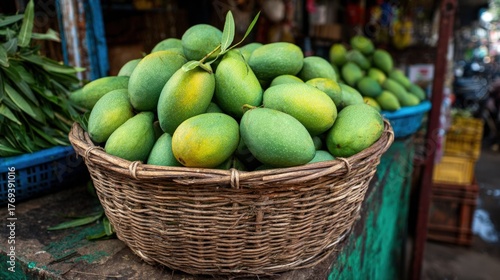 Wallpaper Mural Green mangoes in a wicker basket. Torontodigital.ca