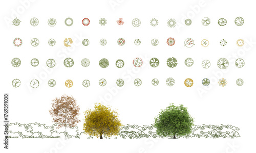 Top View Vector Icons of Trees and Plants for Floor Plan and Architectural Design Projects. CAD Drawings. Minimal style cad tree line side view. Garden landscape design.