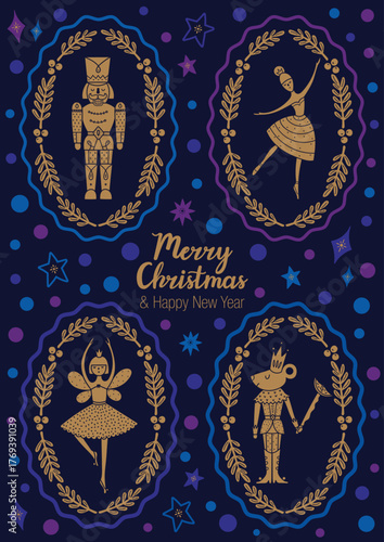 Сute Christmas poster of the Nutcracker in a decorative frame.