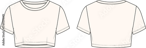 Fashion flat sketch of cropped short-sleeve T-shirt, front and back view, technical drawing vector with round neckline and stitching details for garment design