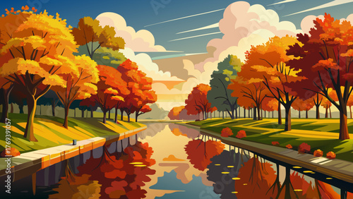 Very beautiful autumn trees reflected in the calm water along the Delaware and Raritan Canal State Park Trail in Kingston, near Princeton, New Jersey, USA, showcasing peaceful natural scenery.