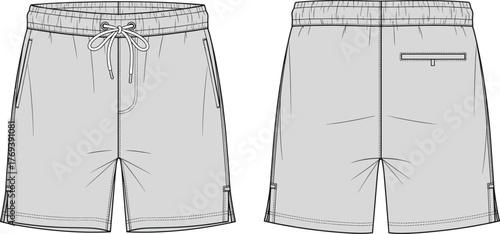 Drawstring elastic waist shorts, fashion flat sketch, technical garment drawing, apparel design, vector template, clothing illustration, casual style, front and back view