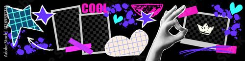 Creative scrapbook photo collage with Y2K glow. Paper frame design and decorative tape accents form a y2k scrapbook photo look.