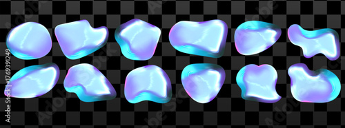 Glossy chrome 3D blob with holographic liquid reflection. Abstract Y2K style defines a bright 3D chrome blob.