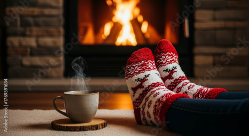 Cozy red snowflake-knit socks in blue jeans rest on a beige carpet beside a steaming tea mug on a wooden coaster before a glowing stone fireplace with orange flames.