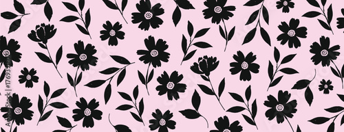 Simple and modern seamless floral pattern with black flower silhouettes on a lovely pink background, a perfect vector design for cute fabric or gift wrap