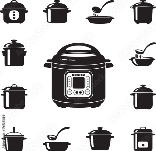 A collection of kitchen icons centered around an electric pressure cooker, including various pots, pans, and ladles for modern cooking