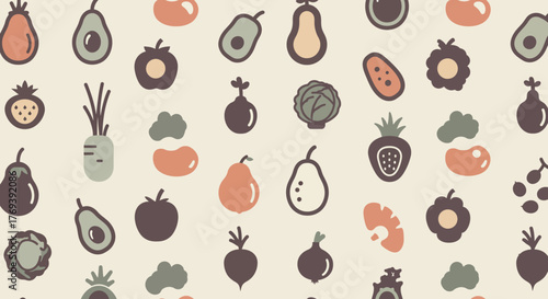 Fresh produce seamless pattern design perfect for backgrounds, textiles, or vibrant kitchen decor with avocado, strawberry, pear, and carrot icons