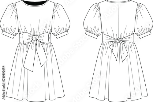 Girl’s dress technical flat sketch, front and back view, puff sleeve, round neck, gathered skirt, waist bow tie, fashion design template