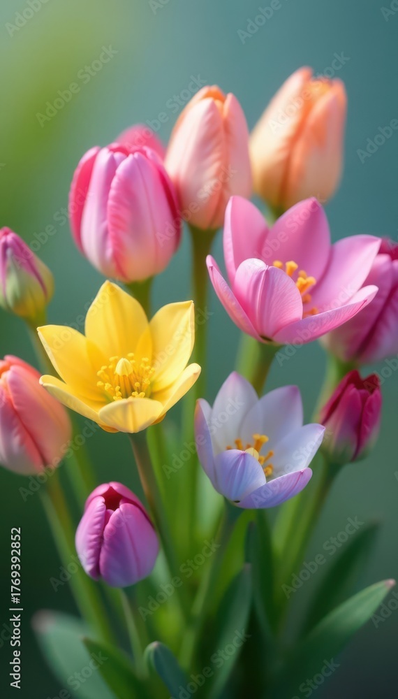 Fototapeta premium Smiling flower buds, pastel rainbow hues, joyful blooms, white background, joyful art