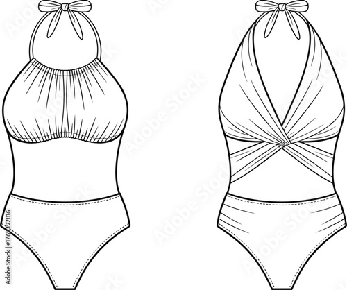 Halter-neck one-piece swimsuits fashion flat, ruched bust and crisscross wrap styles, front view garment construction sketch illustration