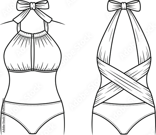 Halter-neck swimsuits fashion flat, ruched high-neck two-piece and crisscross plunge one-piece styles, front view garment sketch illustration