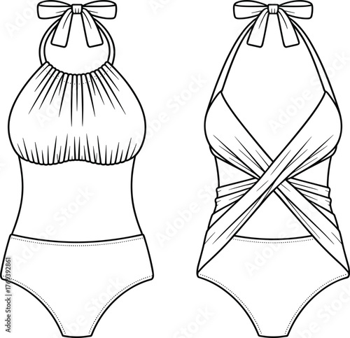 Halter-style dresses fashion flat, gathered bodice and crisscross wrap styles, bow neckline ties, front view garment construction sketch illustration