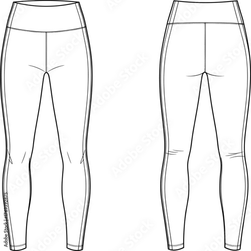 High waist leggings, fashion flat sketch, technical garment drawing, contour seam design, apparel template, vector illustration, clothing construction, activewear style