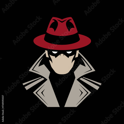 Stylized illustration of a mysterious detective in a red fedora and trench coat isolated on transparent background