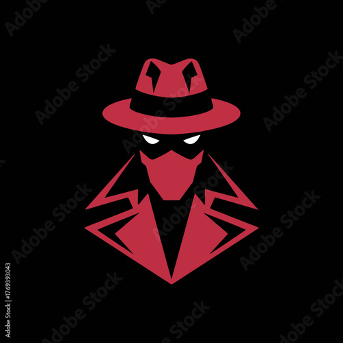 Stylized red detective or spy character wearing a fedora hat and trench coat isolated on transparent background
