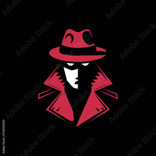 Stylized red trench coat detective wearing a fedora hat with a hidden face isolated on transparent background