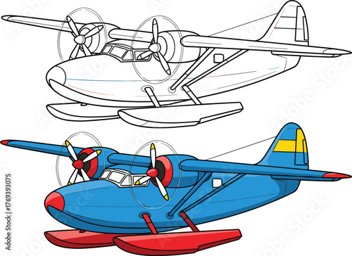 Black and white line art and colored vector illustration of a classic twin-engine seaplane, perfect for aviation, travel, or educational coloring page content