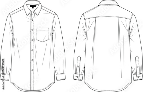 Long-sleeve button-up shirt technical flat sketch, front and back view, pointed collar, chest pocket, box pleat, fashion design vector illustration