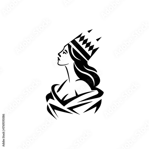 Elegant black silhouette of a queen wearing a crown and flowing hair isolated on transparent background